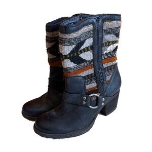 Born Panarea Southwestern Leather Wool Boots, Moto, Zip Up, Size 7.5